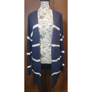 Women's M Open Front Cardigan Sweater Navy Blue White Stripe Pockets Pink Clover